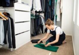 Woman knelling on the floor of a walk-in wardrobe folding a green cardigan