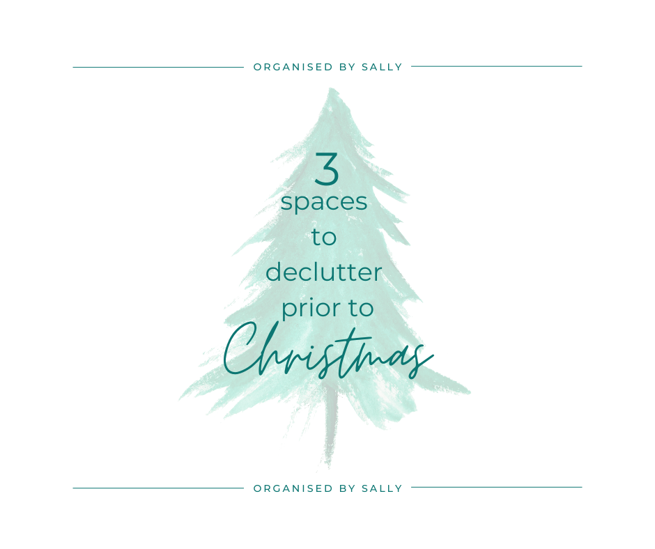 Christmas tree with the text "3 spaces to declutter prior to Christmas" written over the top of it.